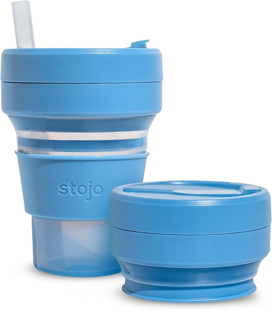 STOJO Collapsible Travel Cup - Reusable To-Go Pocket Size Silicone Bottle for Hot and Cold Drinks - Perfect for Camping - Microwave & Dishwasher Safe (Translucent Steel, 16 Ounce (Pack of 1))