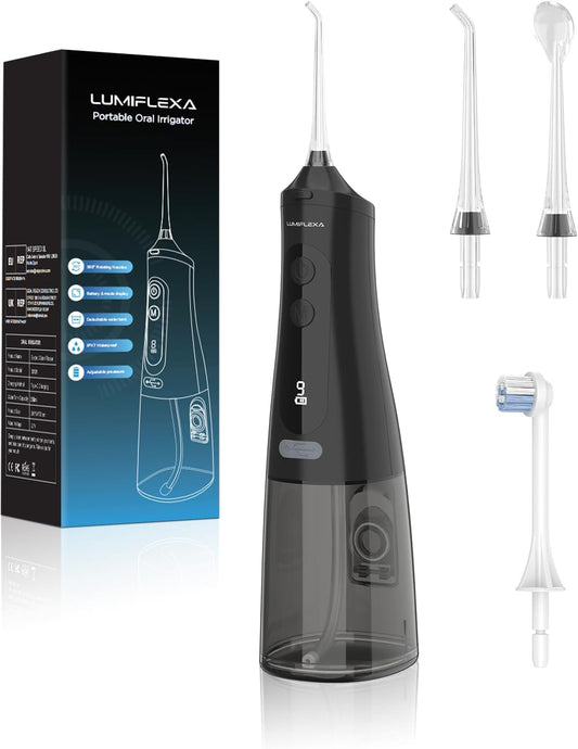 Water Dental Flosser, 300ML Cordless Oral Irrigator Rechargeable Dental Flosser Picks with 9 Levels 5 Jet Tips,IPX7 Waterproof Teeth Cleaner for Braces Gum Care (Black)