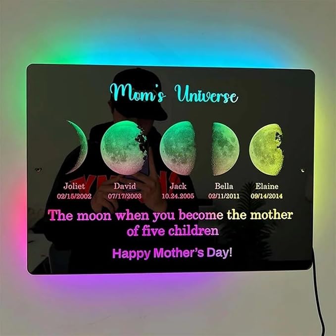 Mommy's Universe Light Up Mirror Personalized Led Name Mirror Color Changing Light Up Wall Mounted Name Neon Signs Moms Sky Moons Phase for Bedroom Decor