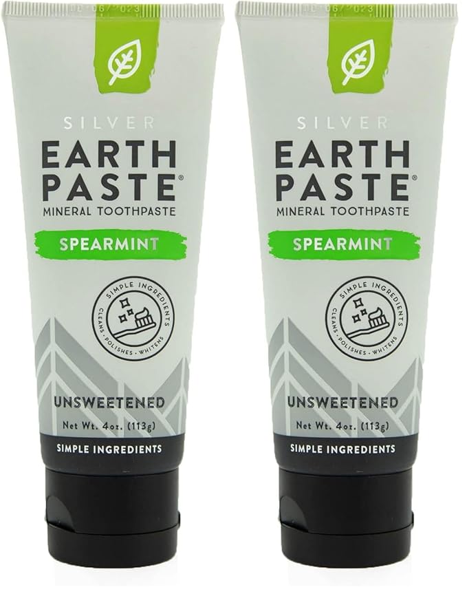 Redmond Earthpaste with Silver - Natural Non-Fluoride Toothpaste, 4 Ounce Tube (Unsweetened Spearmint) (Pack of 2)