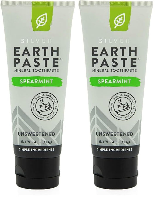 Redmond Earthpaste with Silver - Natural Non-Fluoride Toothpaste, 4 Ounce Tube (Unsweetened Spearmint) (Pack of 2)