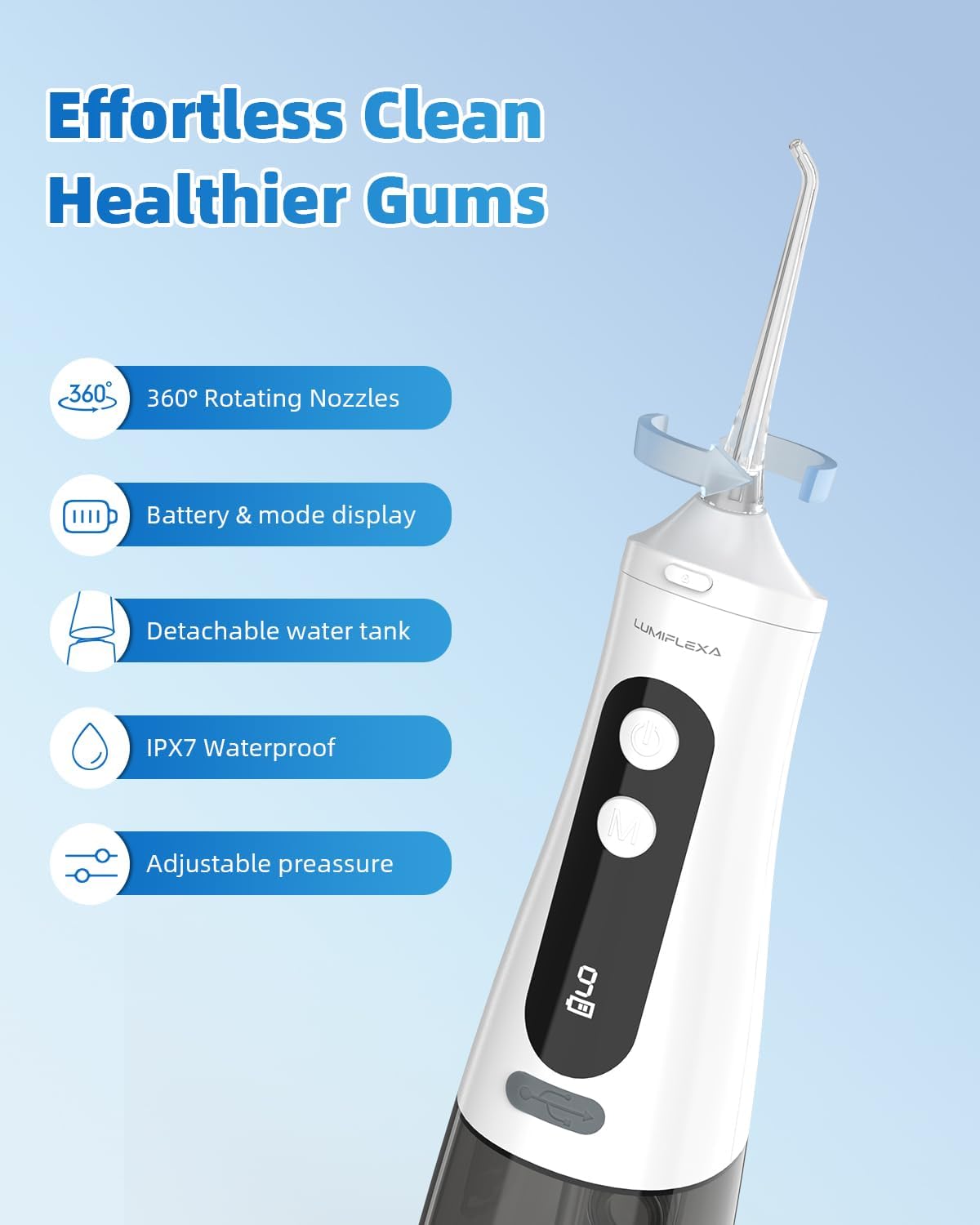 Water Dental Flosser, 300ML Cordless Oral Irrigator Rechargeable Dental Flosser Picks with 9 Levels 5 Jet Tips,IPX7 Waterproof Teeth Cleaner for Braces Gum Care (White)