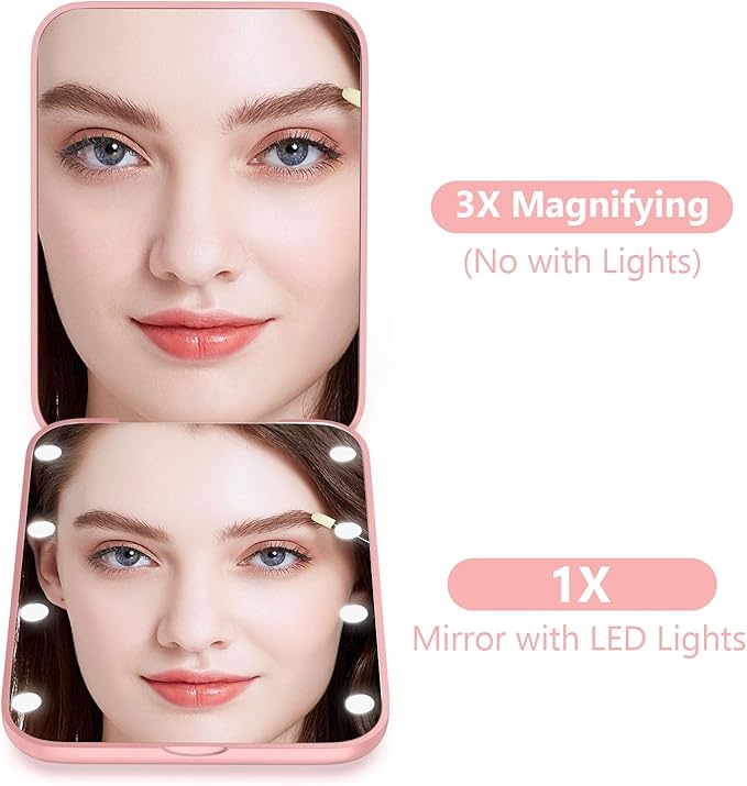 WOBSION Small Mirror with Lights,LED Compact Makeup Mirror,1x/3x Mini Travel Mirror with Magnification,Portable for Purse,Pocket,Gifts for Girls,Rose Gold