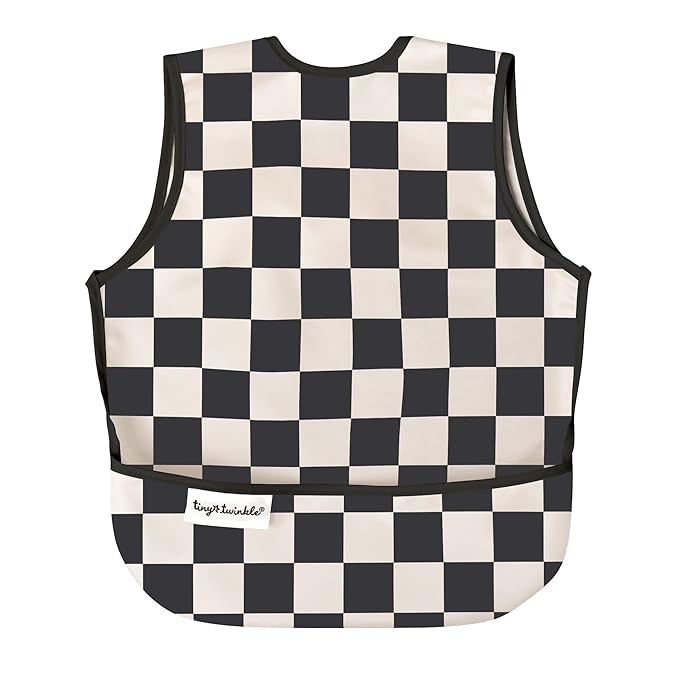 Tiny Twinkle Mess Proof Baby Bib for Boys | Waterproof Toddler Bib for Eating | Baby Apron for Feeding, Machine Washable | Perfect Shower Gift (Black Checkers, 2-4Y)