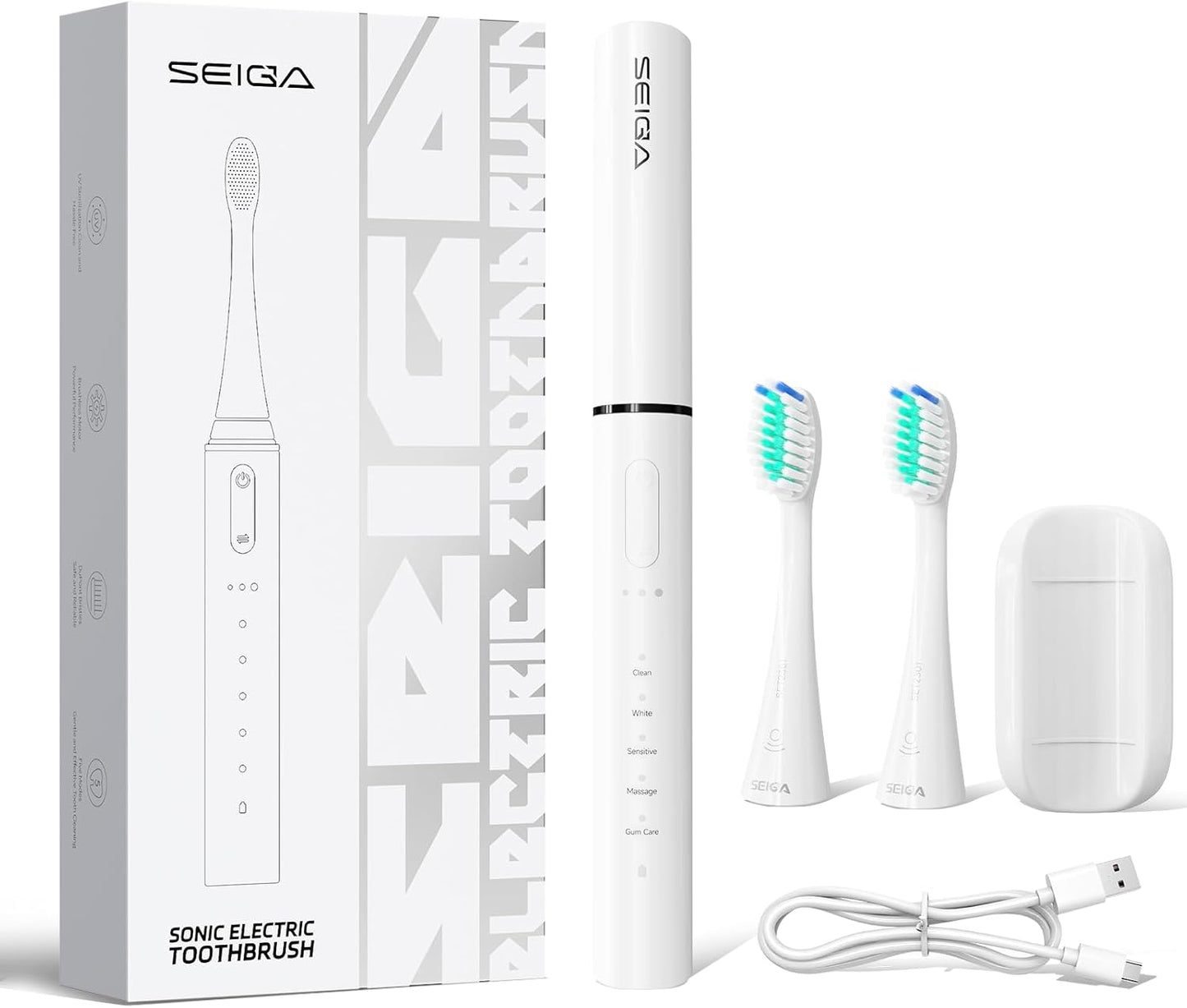 SEIGA Sonic Electric Toothbrush for Adults,5 Cleaning Modes & 3 Intensities,Rechargeable Smart Toothbrush with 2 Brush Heads,Built-in 2 Min Smart Timer,IPX7 Waterproof,One Charge for 60 Days