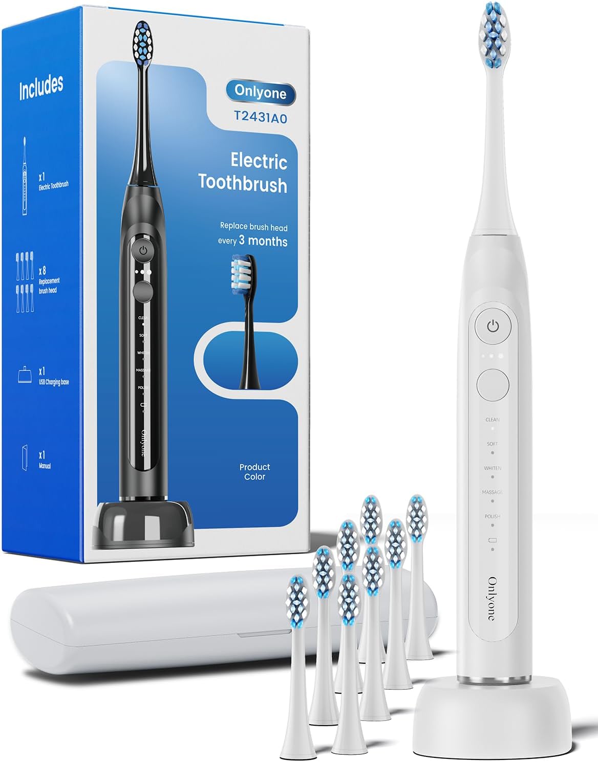 Onlyone Sonic Electric Toothbrush for Adults, Rechargeable Ultrasonic Electric Toothbrush with 8 Brush Heads, Travel Case, Charging Base & Wireless Charging - 5 Modes with Smart Timer