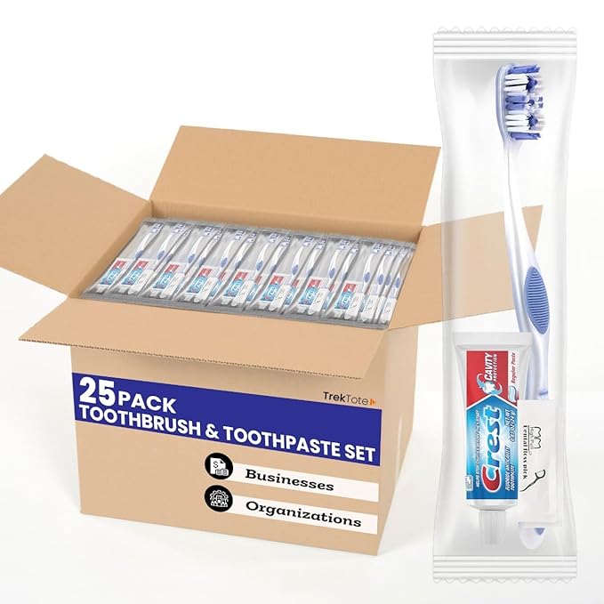 Trektote Bulk Toothpaste And Toothbrush Set- (25 Pack) 4 Piece Dental Care Kit, TSA Compliant, Includes Toothpaste, Toothbrush, Flosses And Bag