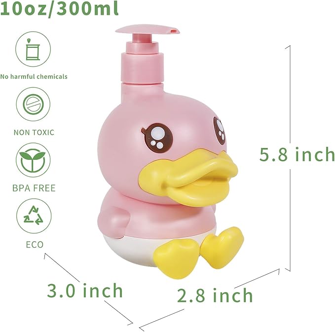 Cute Soap Dispenser for Kids Gift,Bathroom Kitchen Countertop Vanity Top Dispenser fit Body Lotion Shampoo Shower Hand Sanitizer Animal Pink B Duck Themed Soap Bottle with Pump Bath Accessories