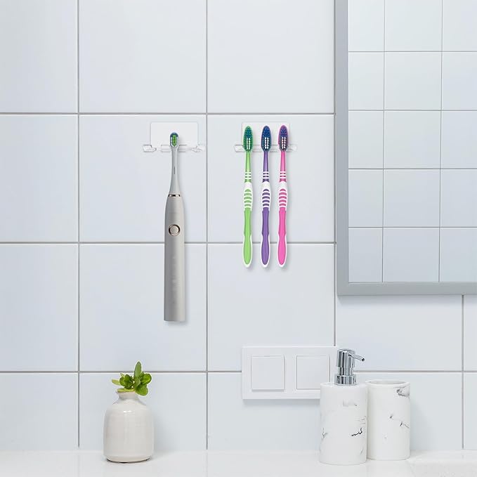 2 Pack Self Adhesive Toothbrush Holders Wall Mounted, 3 Slots Electric Toothbrush Organizer for Shower, Multipurpose Rack Hanger for Power Plug, Razor, Key(Clear)