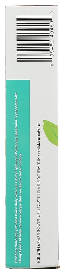 365 by Whole Foods Market, Toothpaste with Hemp Seed Oil, Spearmint, Cavity Fighting & Whitening, With Fluoride, 5.5 Ounce
