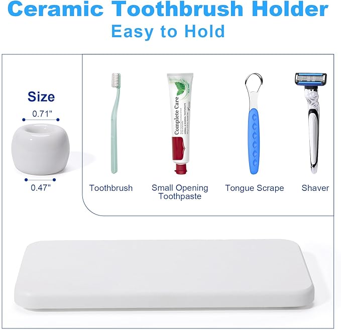 3 Pack Mini Ceramic Toothbrush Holder Stand with 1 Pack Water Absorbing Stone for Bathroom Vanity Countertop, Toothbrush Organizer, White