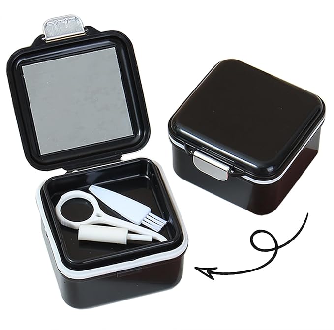 AARAINBOW Retainer Cleaner Case, Leak Proof Denture Bath Box with Strainer Basket, 2 in 1 Denture Container for Travel, Braces Storage Bath Box Mouth Guard Cleaning Denture Holder (B Black)
