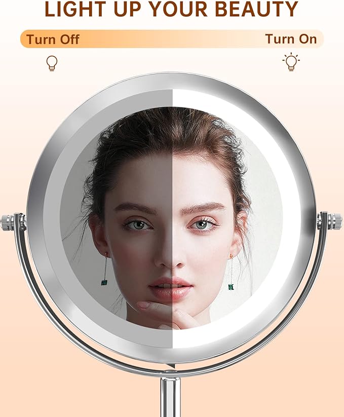 1X/10x Magnified Lighted Makeup Mirror Double Sided Round Magnifying Mirror Standing 360 Degree Swivel Vanity Mirror Battery Operated 7 Inch Diameter Shaving Bathroom Mirror