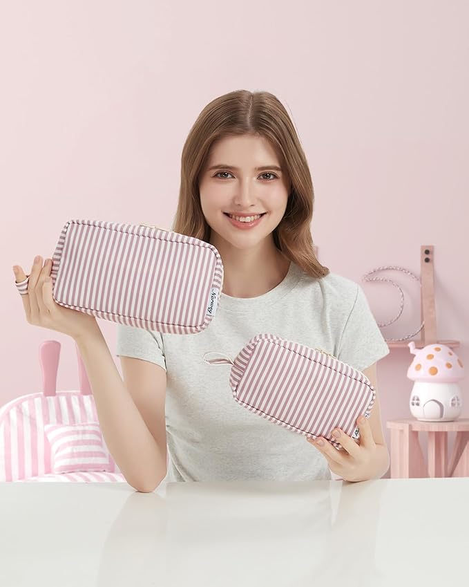 Narwey Cute Makeup Bag Small Toiletry Bag Travel Cosmetic Bag Organizer Make Up Bags with Organized Pockets for Women (Dusty Rose Stripe, Large)