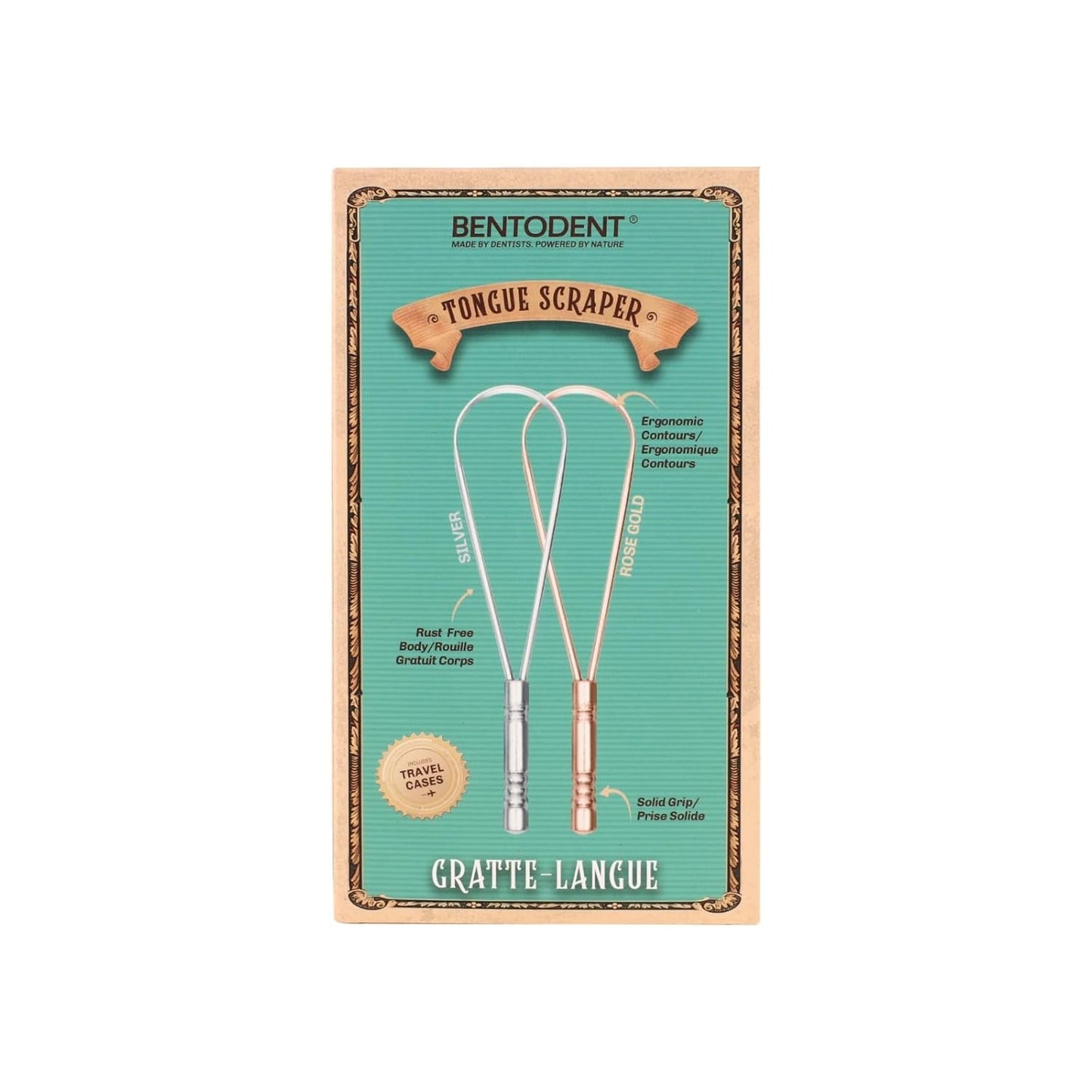 BENTODENT Tongue Scraper for Adults & Kids, Silver & Rose Gold, 100% Stainless Steel tongue scraper, Rust-Free metal, 2-Pack with Travel Case, Reduce Bad Breath, Tongue Scrubber, Tongue Cleaner