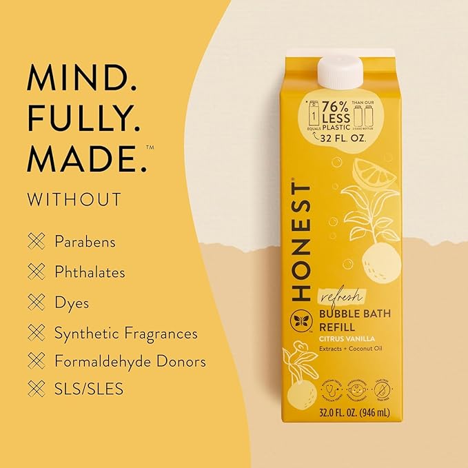The Honest Company Foaming Bubble Bath Refill Carton Gentle for Baby Naturally Derived Tear-Free Hypoallergenic Citrus Vanilla Refresh 32 fl oz