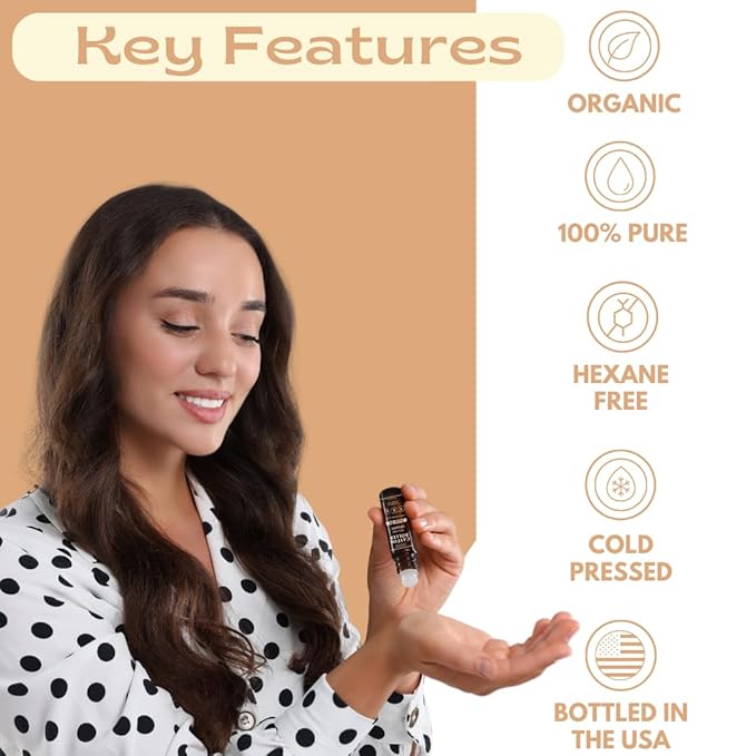 100% Organic Castor Oil Roll On For Eyebrows, Lips, Under Eyes, Eyelashes, Cuticles - Mess Free Roller Ball - Certified Organic, Cold Pressed, Hexane Free - Travel Sized Glass Bottle