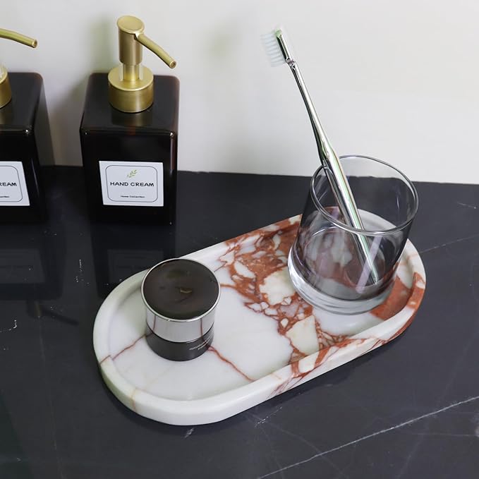 Natural Marble Tray, Oval Vanity Decorative Tray for Bathroom Counter, Countertop Stone Organizer, Catchall Tray for Kitchen, Perfume, Candles, Jewelry Dish Decorative Tray