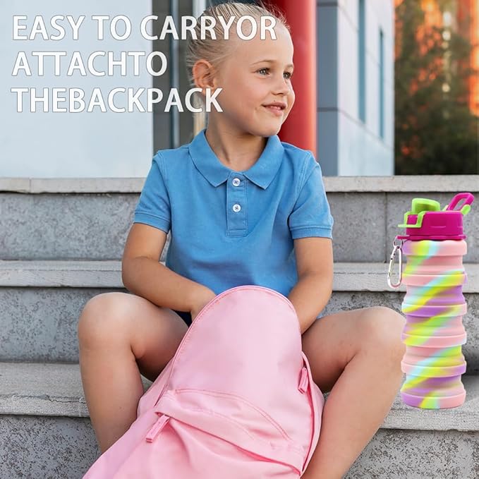 Silicone Collapsible Water Bottles, 16oz 500ml Portable Foldable Expandable Water Bottle Sports Cups, Leak Proof Reusable BPA Free, for Outdoor Activities Travel(2# Pink)