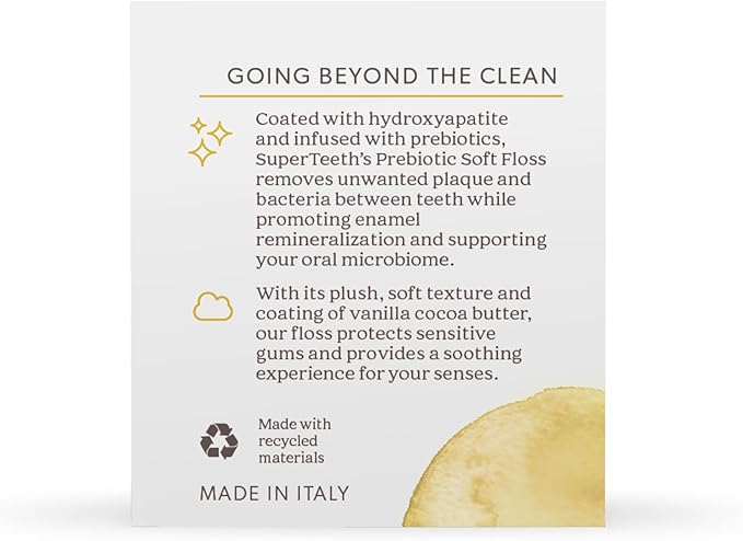SuperTeeth Prebiotic Soft Floss with Hydroxyapatite | Expanding Dental Floss | for Adults and Kids | Oral Health | Plaque Removal | Xylitol | Vanilla Cocoa Butter | Teflon-Free