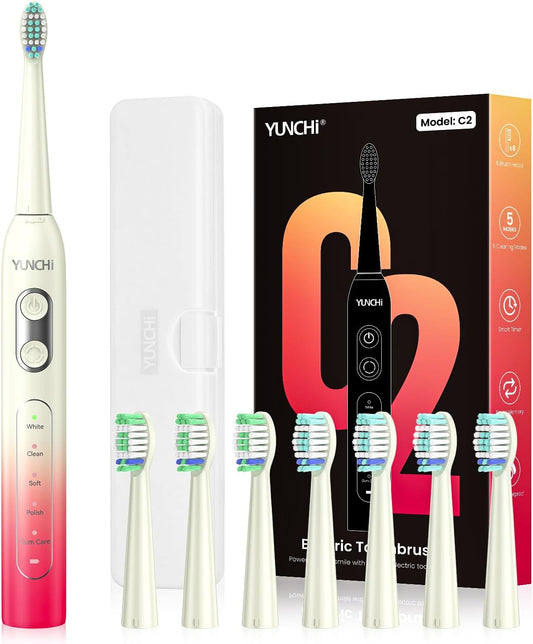 YUNCHI Electric Toothbrush for Adults and Kids, Rechargeable Battery Toothbrushes, 8 Brush Heads, 90 Days, 1 Travel Case, 2 Min Timer, IPX7 Waterproof, 5 Modes, Red Yellow Gradient