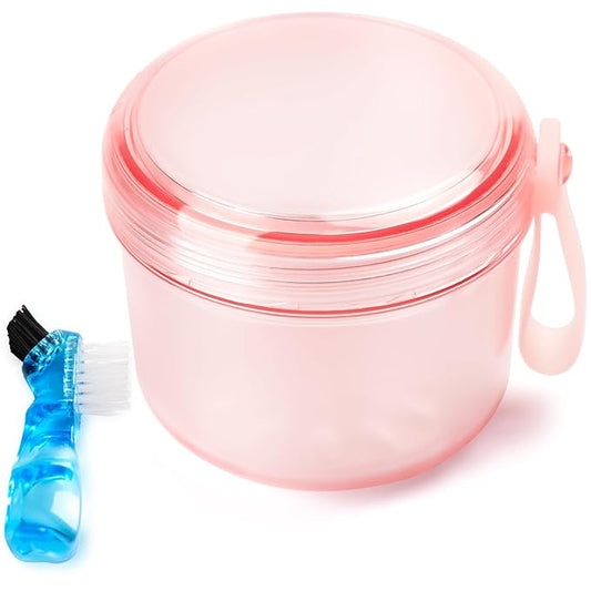 Leak Proof Travel Denture Bath Case for Full Dentures, Denture Cups for Soaking Dentures, Denture Container Cups with Brush for Dentures, Aligner, Retainers, Mouth Guard (Transparent Rouge)