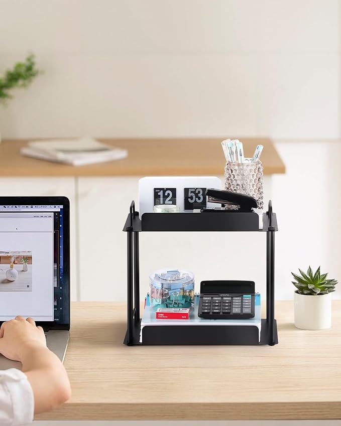 KATHY&BOB Bathroom Countertop Organizer, Make-up Desk Organization, Dressing Shelf Desktop Storage for Bathroom Cosmetic Dorm Kitchen Living Room, Multipurpose Cubicle Display Rack (Black, 2 Tiers)