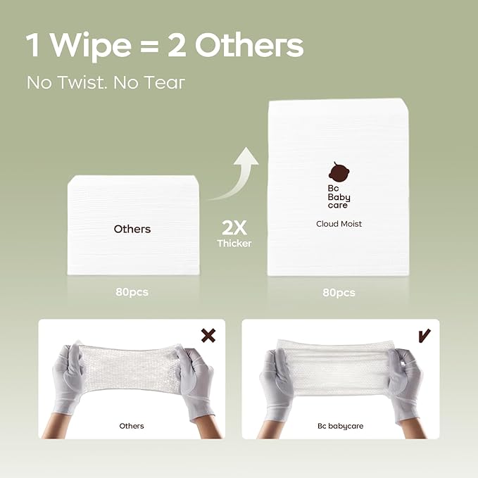 Bc Babycare Cloud Moist Baby Travel Wipes, 6 Pack, On The Go Pocket Size, Ultra Thick, 99% Water, Unscented, Hypoallergenic for Sensitive Skin, Biodegradable