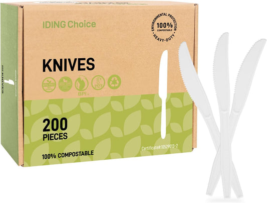 heavy duty 200 knives, 100% Compostable disposable utensils, Eco Friendly Silverware for Party, Wedding, Office, BBQ, Picnic