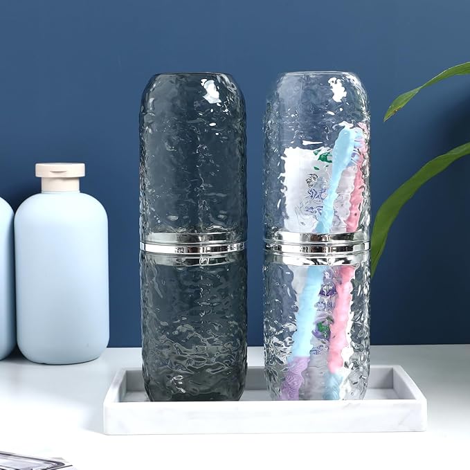 2PCS Travel Toothbrush Case with Cover, Portable Toothbrush Holder Cup Storage Container Dustproof Toothbrush Case for Bathroom Trip School Camping (Clear & Grey)