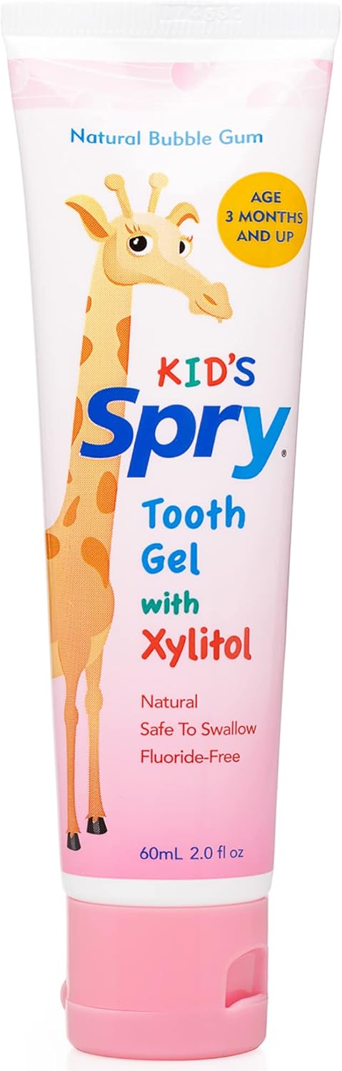 Spry Natural Xylitol Toothpaste for Baby, Toddler and Kids Age 3 Months and Up - Fluoride Free Tooth Gel, Tasty, Support Development of Emerging Teeth, Bubble Gum 2 Fl Oz (Pack of 1)
