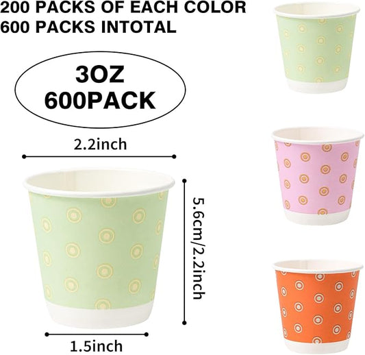 Tamone 600 Pack 3 oz Bathroom Cups Small Paper Cups, Disposable Mouthwash Cups with Dot, Pink, Green, Yellow, Disposable 3 oz Paper Cups for Party, Picnic, BBQ, Travel, Home
