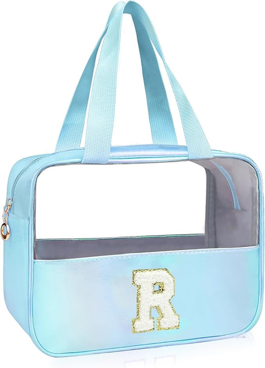 Personalized Initial Clear Makeup Bag Blue Cosmetic Bag Set Large Travel Toiletry Bag, Cute Clear Make Up Bags Organizer Bag for Girlfriend Teacher Gifts Teen Girl Gifts Trendy Stuff R (Blue)