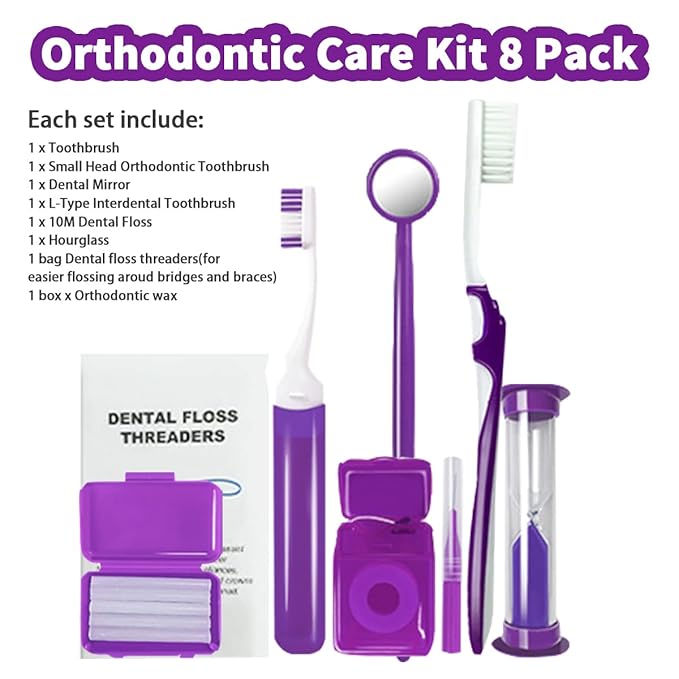 Braces Cleaning Kit for Teeth, Portable Orthodontic Toothbrush Kit Oral Care Dental Travel Kit - Interdental Brush Dental Wax Dental Floss Toothbrush Box (Purple B)