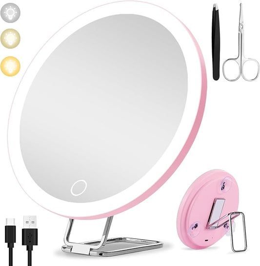 Large 6" Lighted 30x Magnified Makeup Mirror with Suction Cups & Table Stand, Travel & Home Use