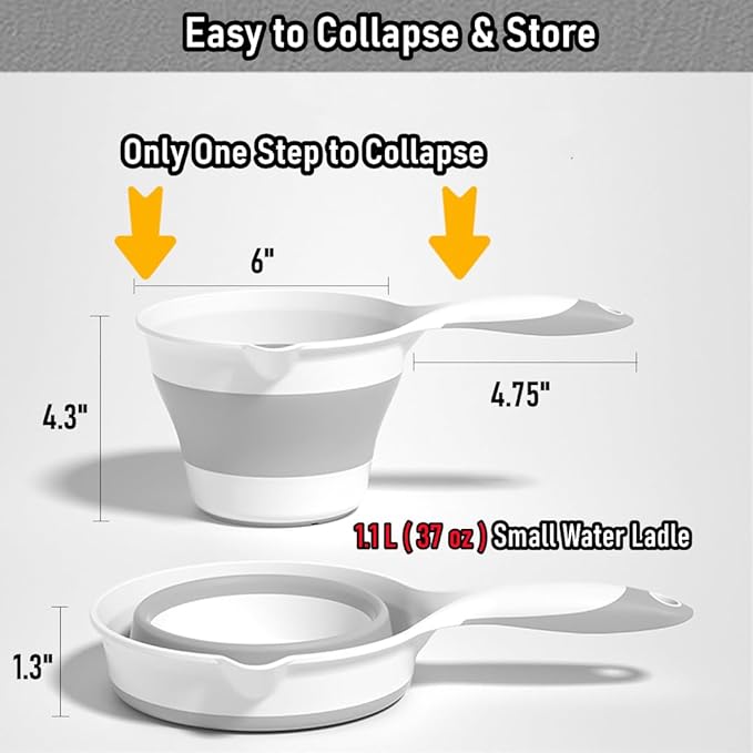 Collapsible Plastic Water Ladle Folding Scoop for Bath Soaking Cleaning, Portable Water Pourer Dipper Spoon for Camping Travel, Small Shower Bucket Basin Tub Rinse Cup Mug for Hair Washing, Gray