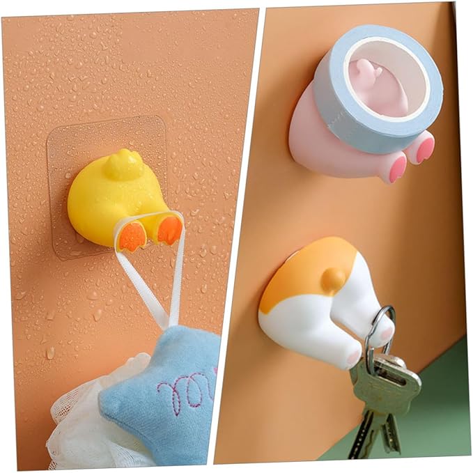 Luxshiny 2Pcs Animal Butt Wall Hooks Self-Adhesive Toothbrush Holders Bathroom Decorative Hangers Installation Quick-Dry Design for Smooth Surfaces Cute Pig Duck Tail