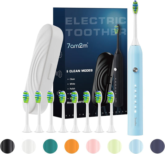 7AM2M Sonic Electric Toothbrush for Adults and Kids, with 8 Brush Heads and Travel Case,5 Modes with 2 Minutes Build in Smart Timer, One Charge Use for 90 Days, Rechargeable Toothbrushes (Light Blue)