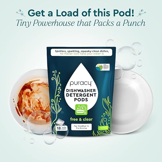 Puracy Dishwasher Pods, Natural Dishwasher Detergent, Free & Clear Dish tabs - Enzyme-Powered, Spot & Residue Free - TikTok Trend Items, Must Haves from TikTok Made Me Buy It (Free & Clear, 18 Count)