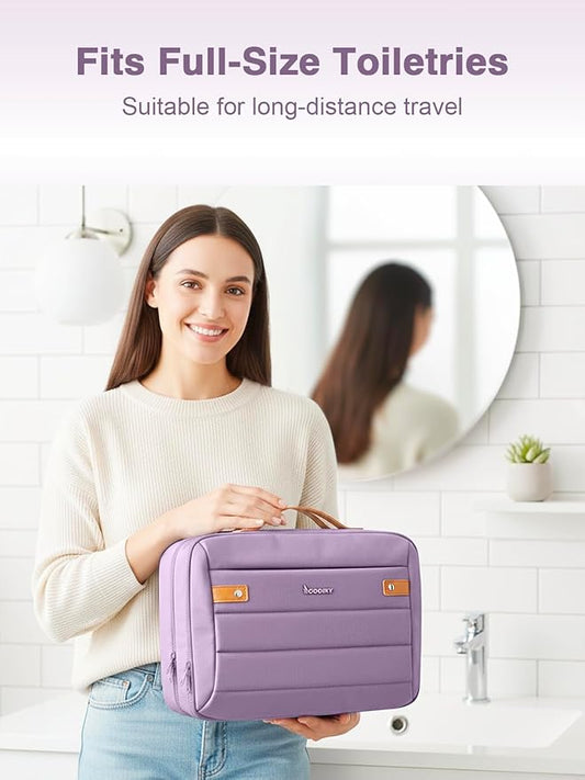 Women's Hanging Toiletry Bag, Waterproof Travel Cosmetic Organizer with Jewelry Storage, Large Capacity Makeup Case for Full-Size Skincare & Bathroom Essentials, Portable Cosmetic kit, Purple