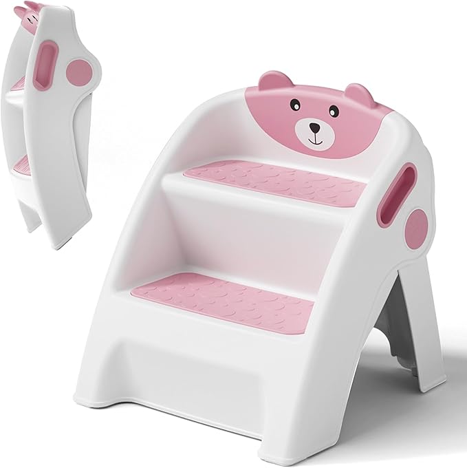 Toddler Step Stool Foldable 2 Step Stool for Kids Collapsible Anti-Slip Stepping Stool for Bathroom Sink Potty Toilet Toddler Kitchen Stool Helper (Pink)
