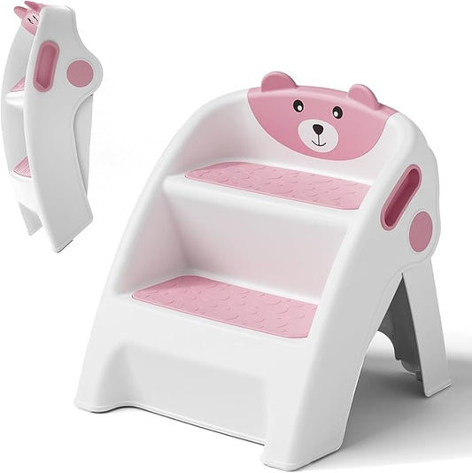 Toddler Step Stool Foldable 2 Step Stool for Kids Collapsible Anti-Slip Stepping Stool for Bathroom Sink Potty Toilet Toddler Kitchen Stool Helper (Pink)
