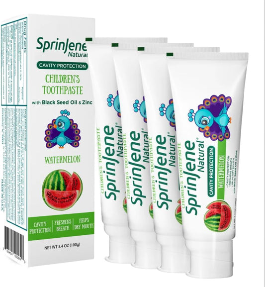 SprinJene Natural Children’s Toothpaste – Watermelon Fluoride Toothpaste for Kids & Toddlers – Cavity Protection – Safe Natural Formula with Patented Black Seed Oil & Zinc – Made in The USA (4 Pack)