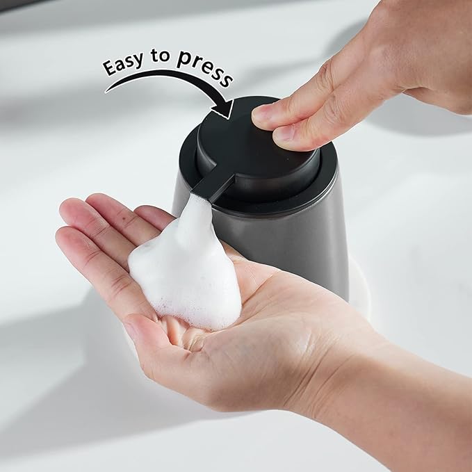 12Oz Grey Foaming Soap Dispenser - Ceramic Foam Hand Soap Dispenser with Easy-to-Press Black Pump, Refillable Bathroom Lotion Soap Dispenser, Dish Soap Dispenser for Kitchen Hand Wash Dispenser