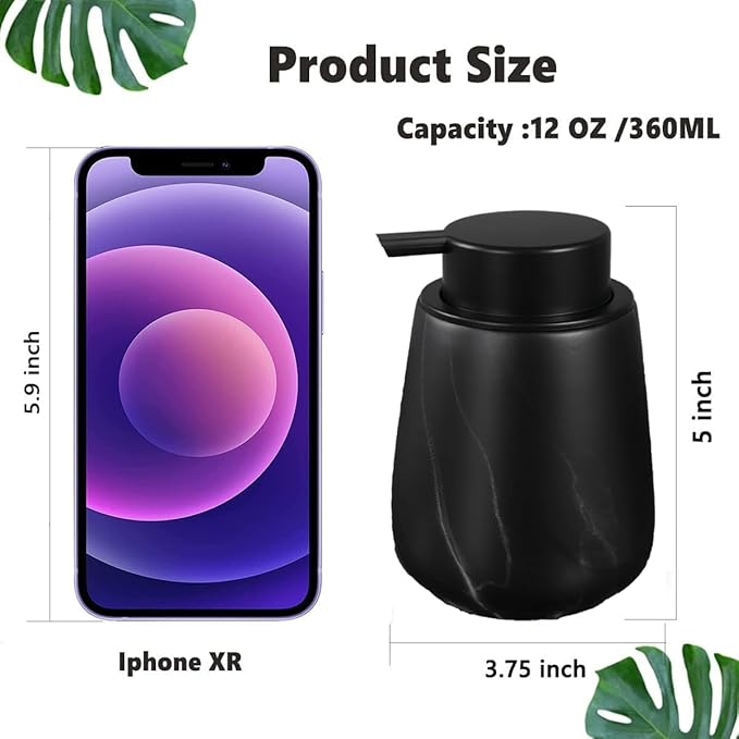 12Oz Ceramic Liquid Soap Dispenser - Modern Lotion Hand Soap Dispenser with Easy-to-Press Black Pump, Reusable and Refillable Dish Soap Dispensers for Bathroom & Kitchen, Marble Black