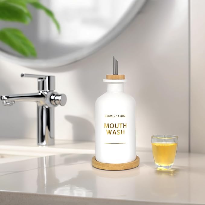 Mouthwash Dispenser for Bathroom 11.8oz – Glass Mouthwash Bottle with Cup & Bamboo Tray, Gold Hot-Stamped Lettering, Nordic Style Countertop Accessory, White Bathroom Accessories (White)