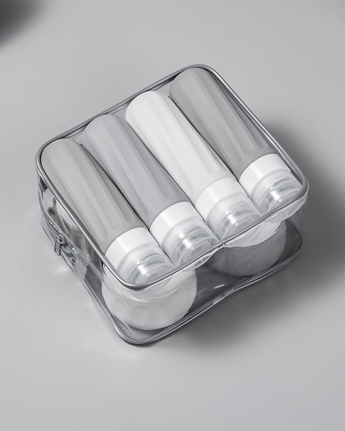 Travel Bottles for Toiletries 8 Pack, Travel Size Toiletries, Tsa Approved Travel Size Containers 3oz, with Travel Essentials Clear Bag, Leak Proof Silicone Squeezable Creams Jars