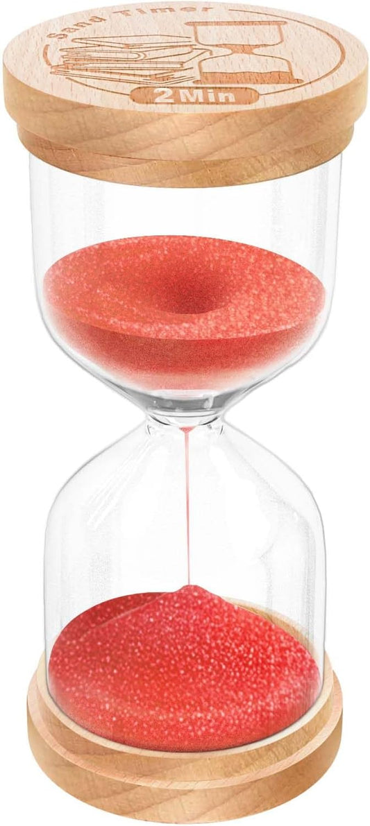 2 Minute Sand Timer, Wooden Hourglass Sand Clock, Small Wood Red 2 Min Hour Glass, Two Minutes Sandglass for Brushing Teeth, Reloj De Arena, Classroom, Game, Kitchen, Home, Office