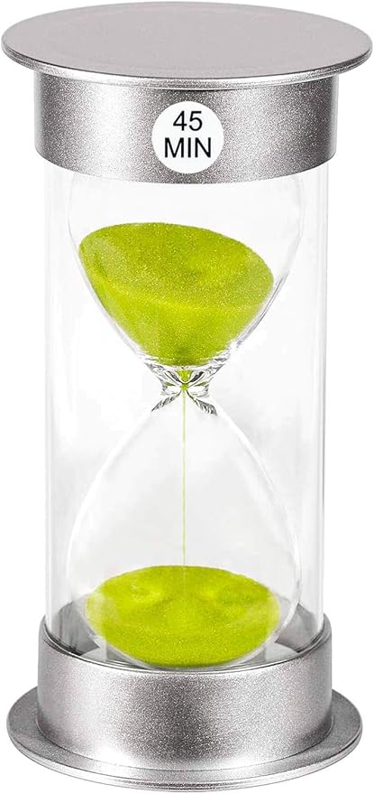 Hourglass Sand Timer 45 Min, Plastic Clock, Silver Watch - Glass Sandglass for Kids, Games, Classroom, Kitchen, Decoration (Green Sand)
