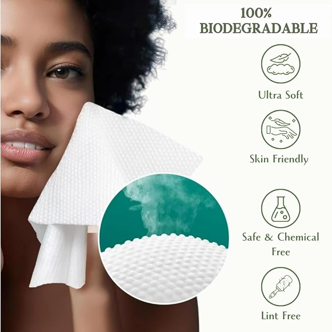 VoilaVe Disposable Face Towels -100% Cotton Biodegradable Makeup Remover Dry Wipes, Ultra Soft Lint Free Facial Cloth | Clinically Tested Eco-Friendly Towelettes For Sensitive Skin - XL 10 x 12"- 50 C